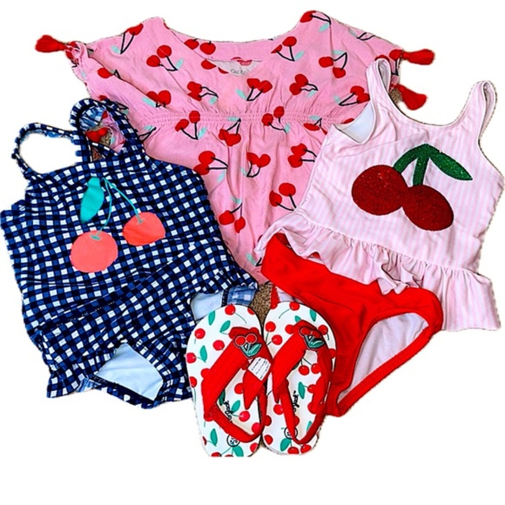 Cat & Jack Cherry Print Swim Suit Cover-up and flip flops Bundle Size 18 months